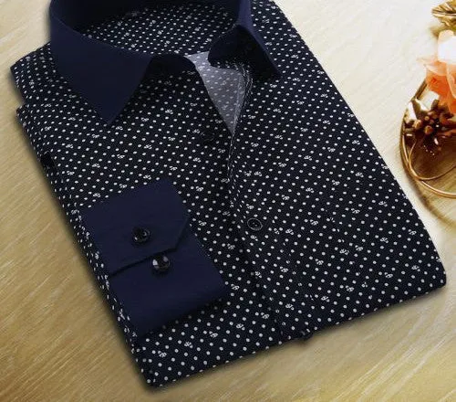 Spring Men Casual Shirts Fashion Long Sleeve Printed Button-Up Formal Business Polka Dot Floral Men Dress Shirt