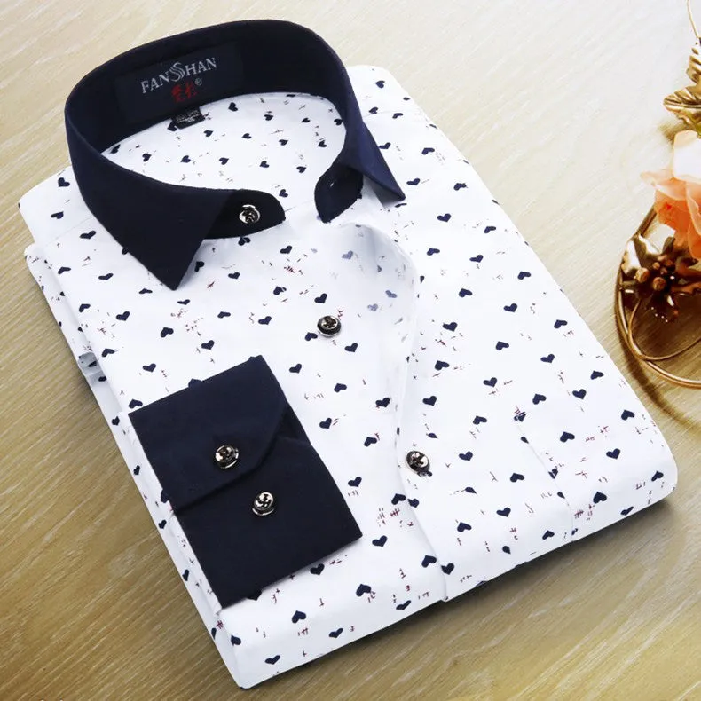 Spring Men Casual Shirts Fashion Long Sleeve Printed Button-Up Formal Business Polka Dot Floral Men Dress Shirt