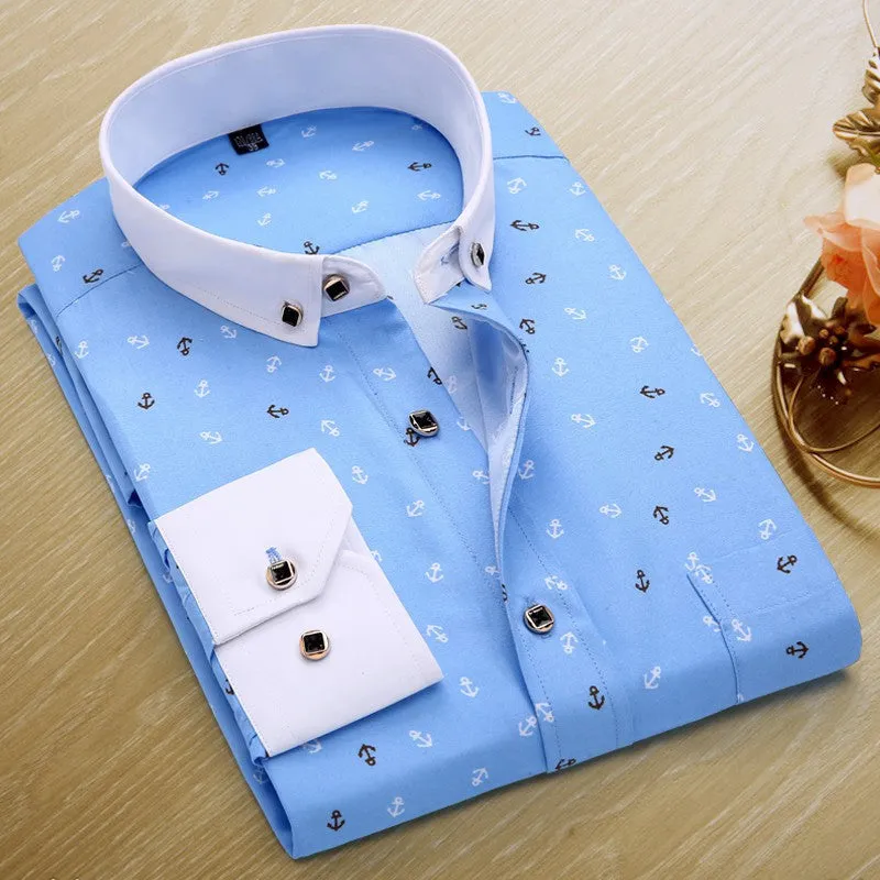 Spring Men Casual Shirts Fashion Long Sleeve Printed Button-Up Formal Business Polka Dot Floral Men Dress Shirt