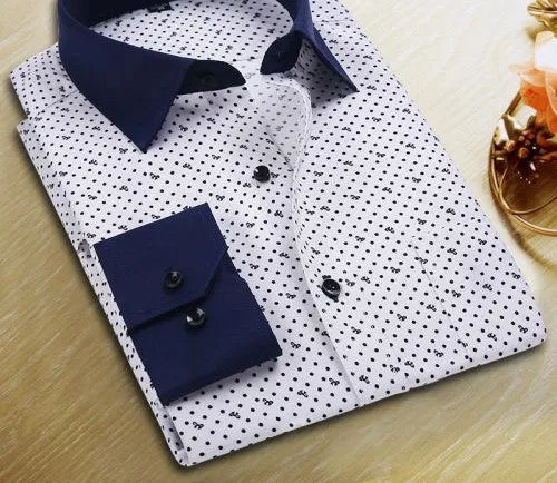 Spring Men Casual Shirts Fashion Long Sleeve Printed Button-Up Formal Business Polka Dot Floral Men Dress Shirt