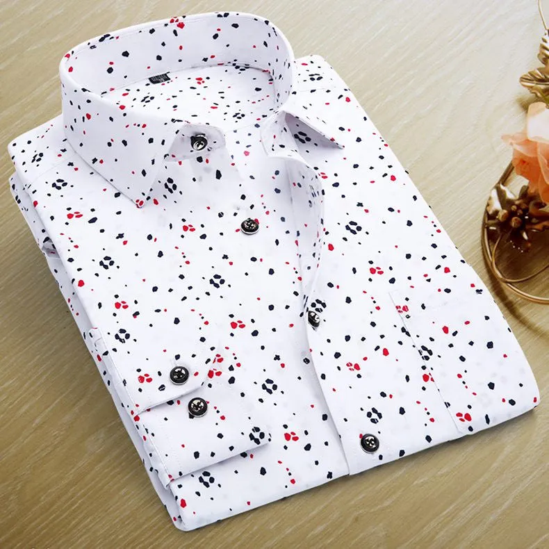 Spring Men Casual Shirts Fashion Long Sleeve Printed Button-Up Formal Business Polka Dot Floral Men Dress Shirt