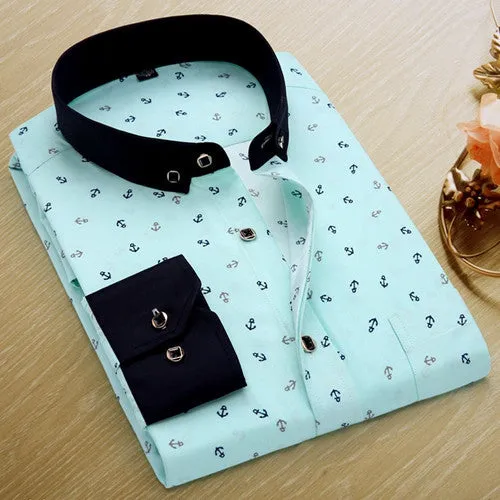 Spring Men Casual Shirts Fashion Long Sleeve Printed Button-Up Formal Business Polka Dot Floral Men Dress Shirt