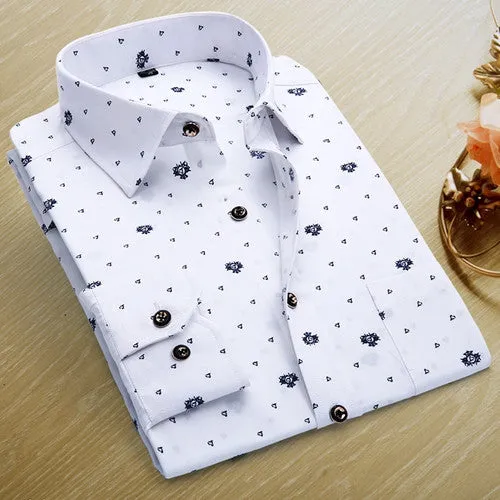 Spring Men Casual Shirts Fashion Long Sleeve Printed Button-Up Formal Business Polka Dot Floral Men Dress Shirt
