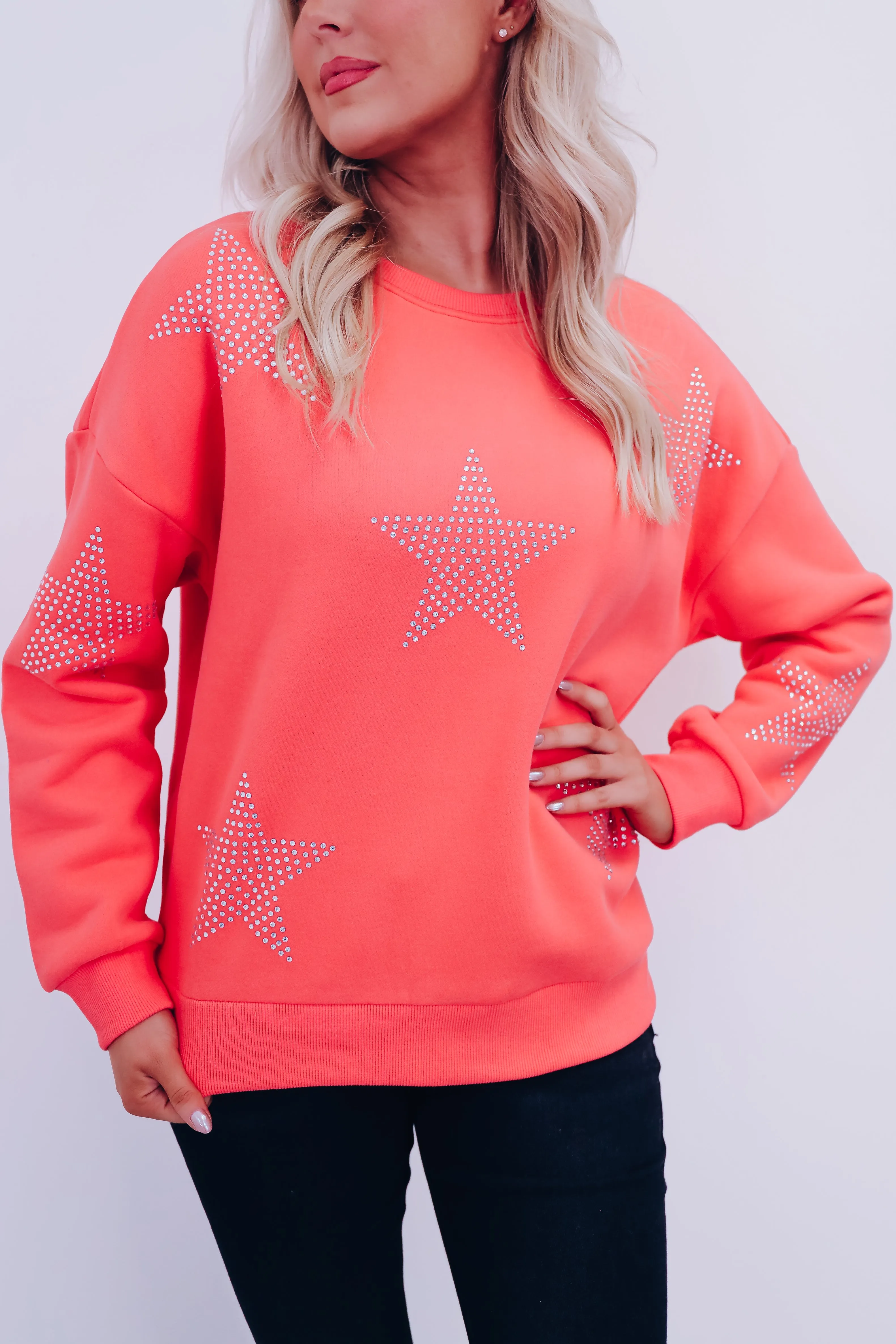 Star Studded Crew Neck Sweatshirt - Peach