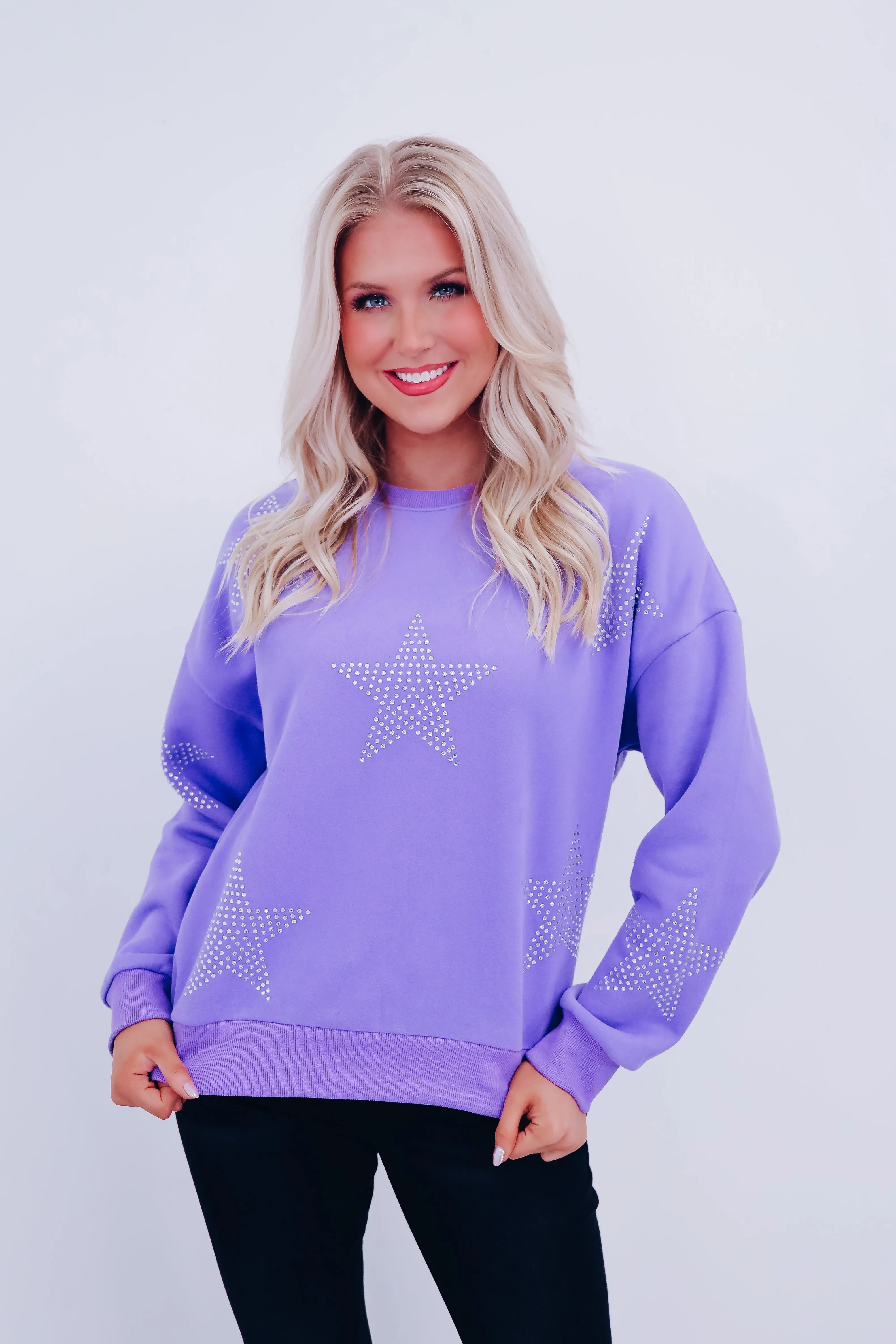 Star Studded Crew Neck Sweatshirt - Periwinkle