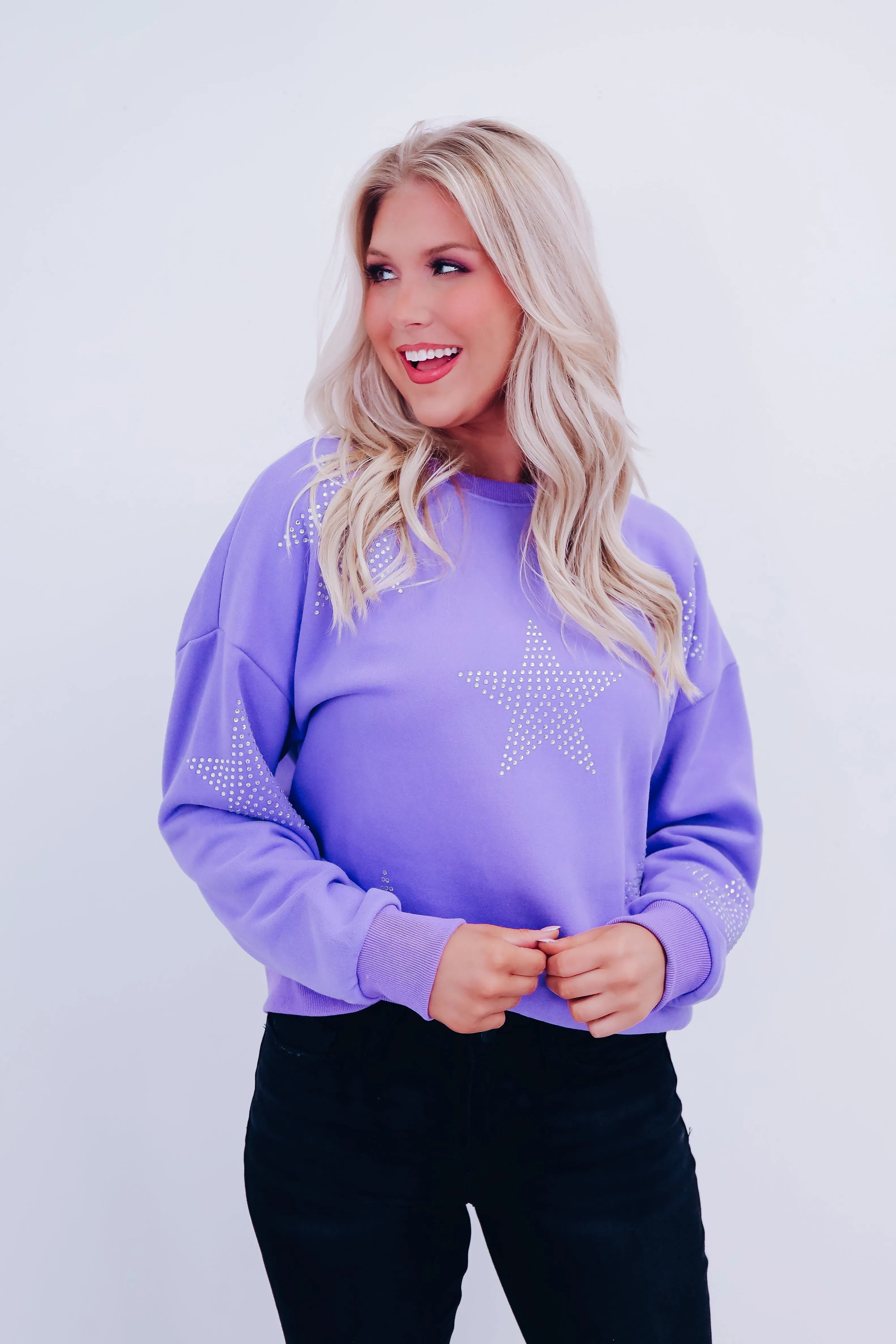 Star Studded Crew Neck Sweatshirt - Periwinkle