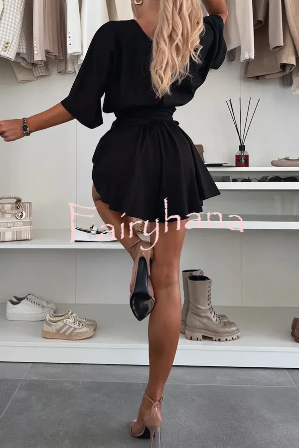 Stylish Comfortable V-neck Wide Sleeve Tie-up Loose Romper