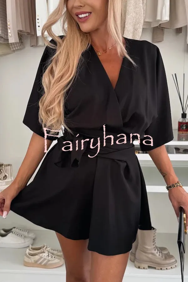 Stylish Comfortable V-neck Wide Sleeve Tie-up Loose Romper