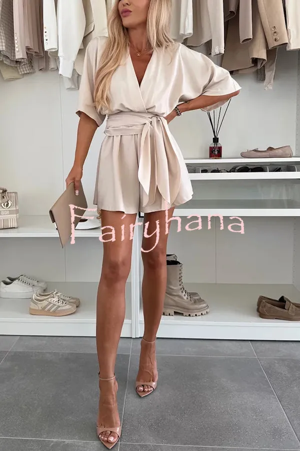 Stylish Comfortable V-neck Wide Sleeve Tie-up Loose Romper