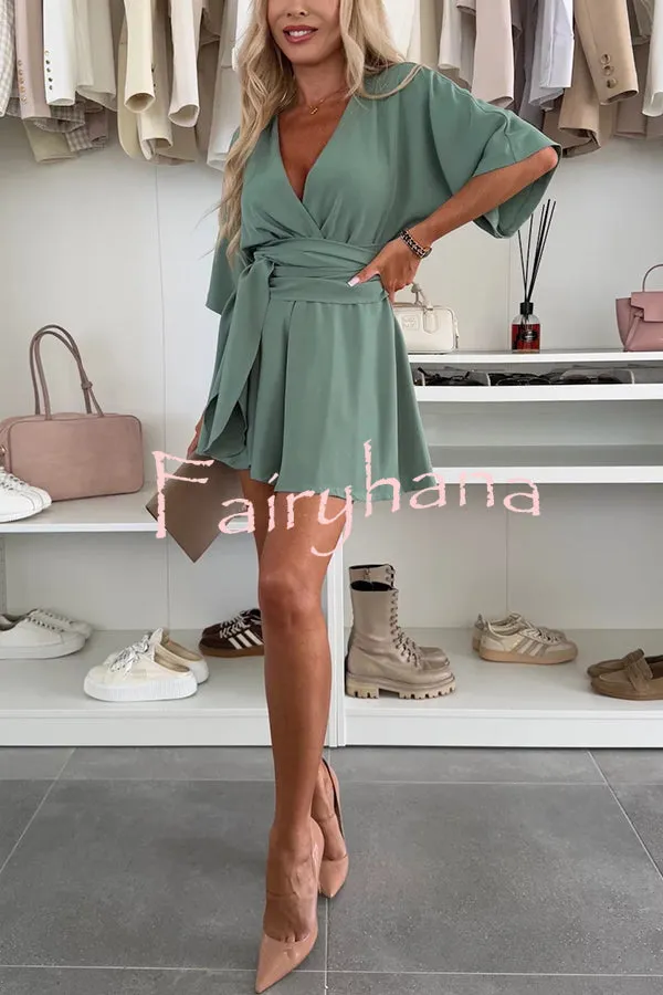 Stylish Comfortable V-neck Wide Sleeve Tie-up Loose Romper