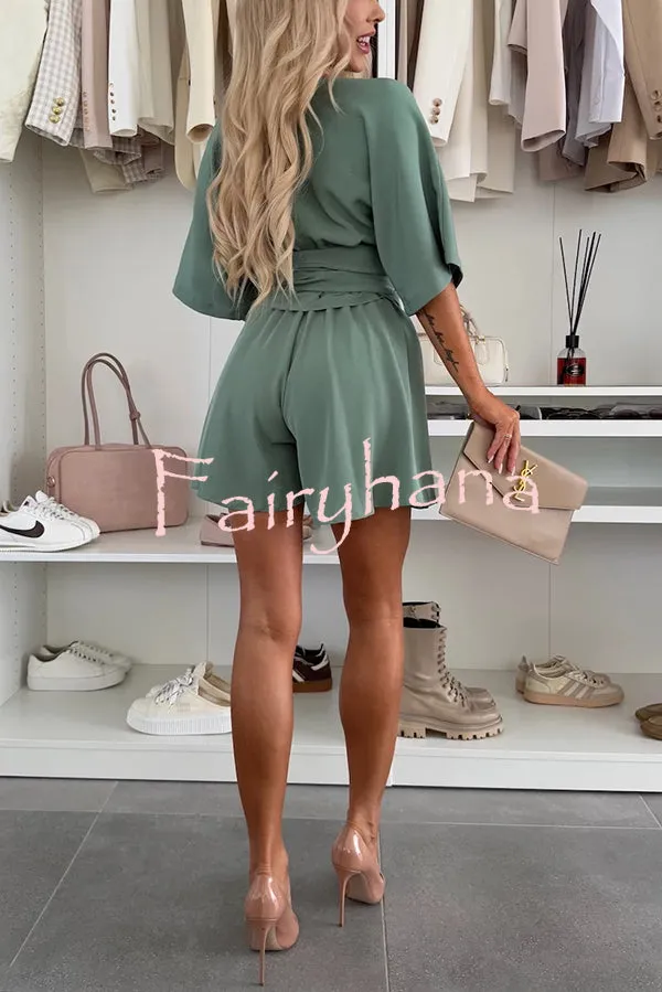 Stylish Comfortable V-neck Wide Sleeve Tie-up Loose Romper