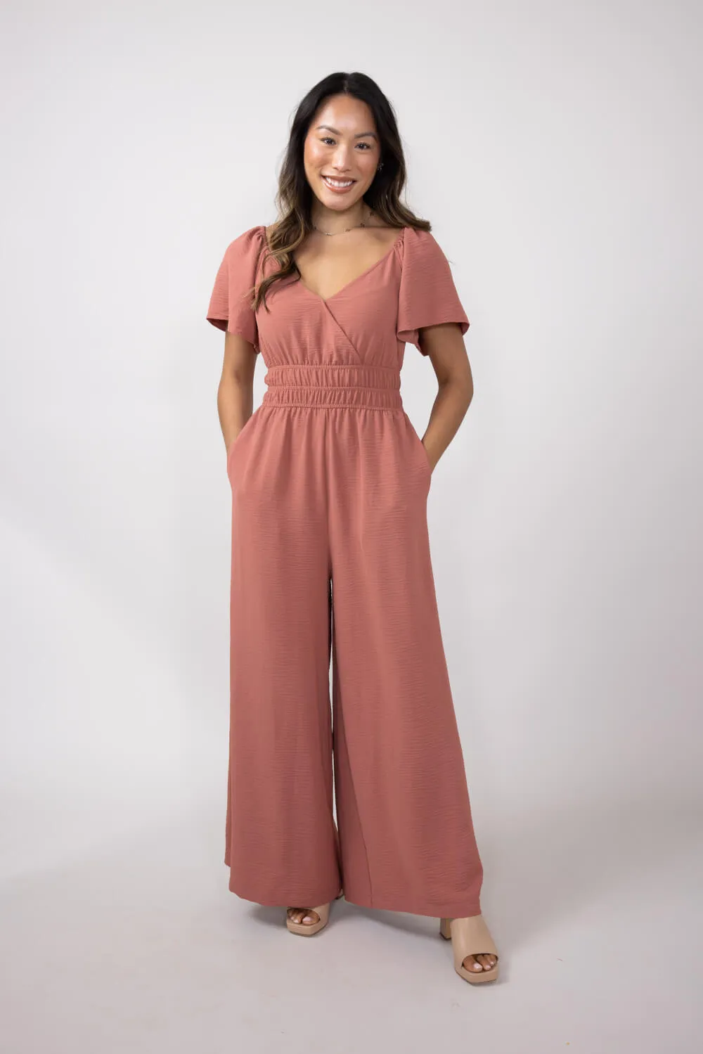 Surplice Flutter Sleeve Jumpsuit for Women in Pink | H30308-GIN