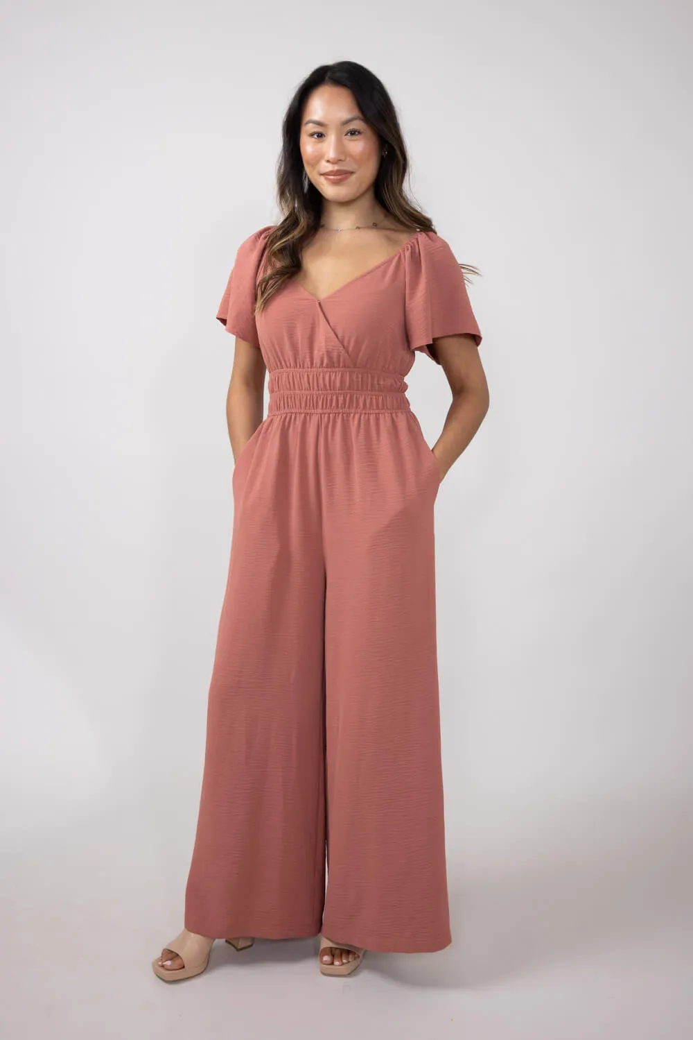 Surplice Flutter Sleeve Jumpsuit for Women in Pink | H30308-GIN