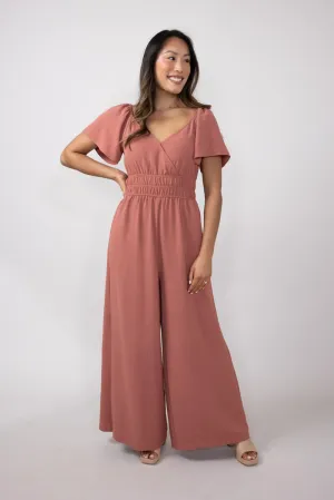 Surplice Flutter Sleeve Jumpsuit for Women in Pink | H30308-GIN
