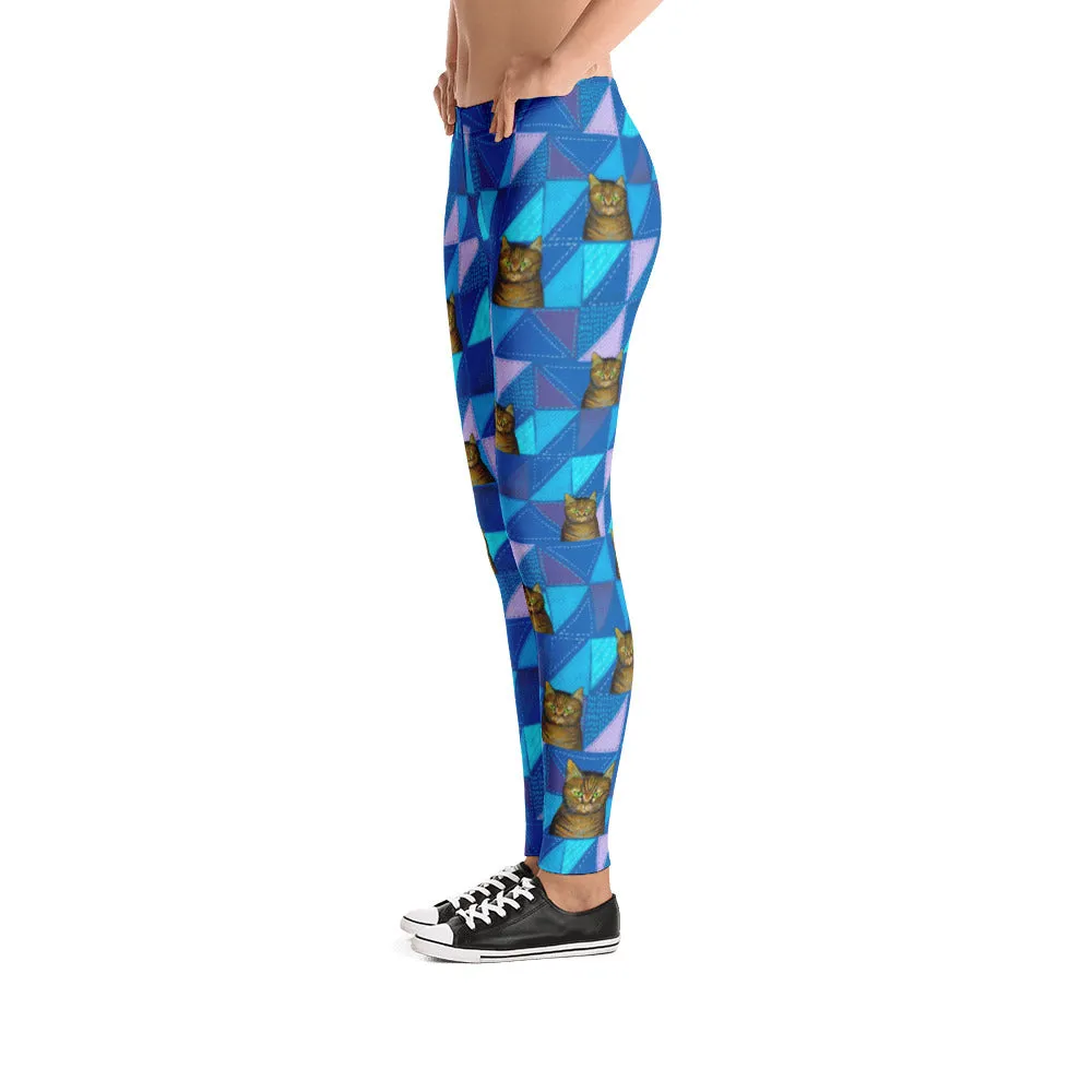 TIGER CAT ON BLUE QUILT leggings