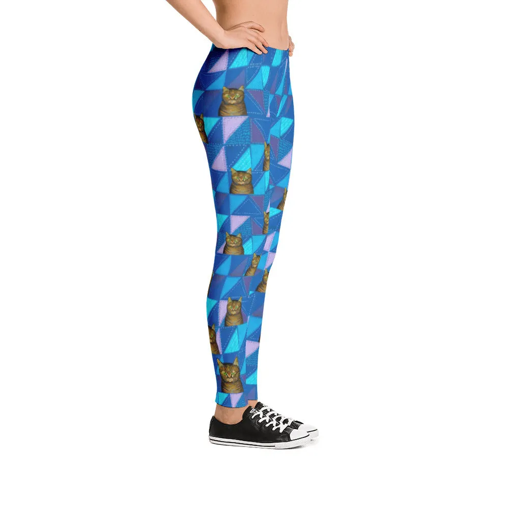 TIGER CAT ON BLUE QUILT leggings