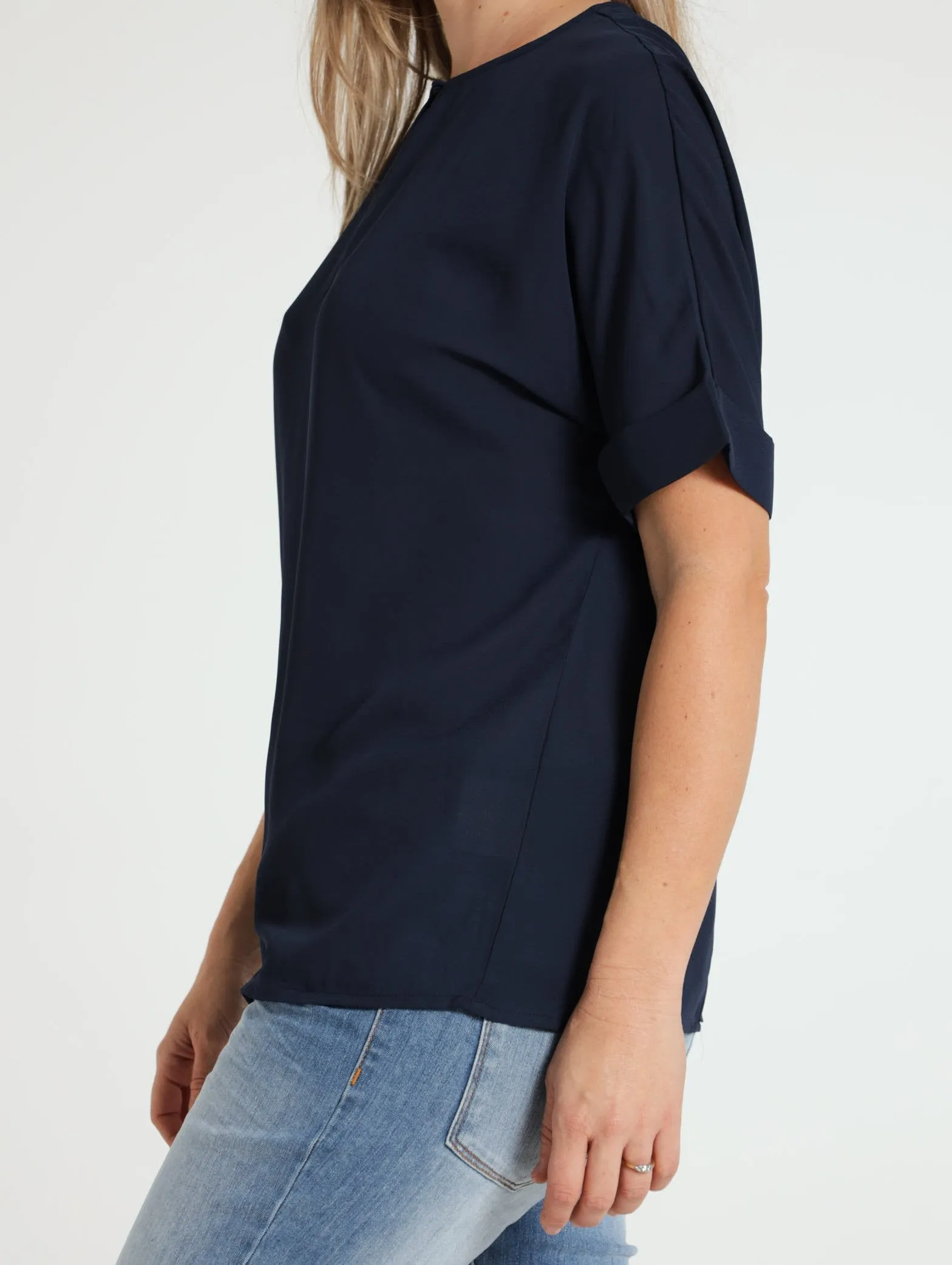 Turn Up Sleeve Blouse - Navy