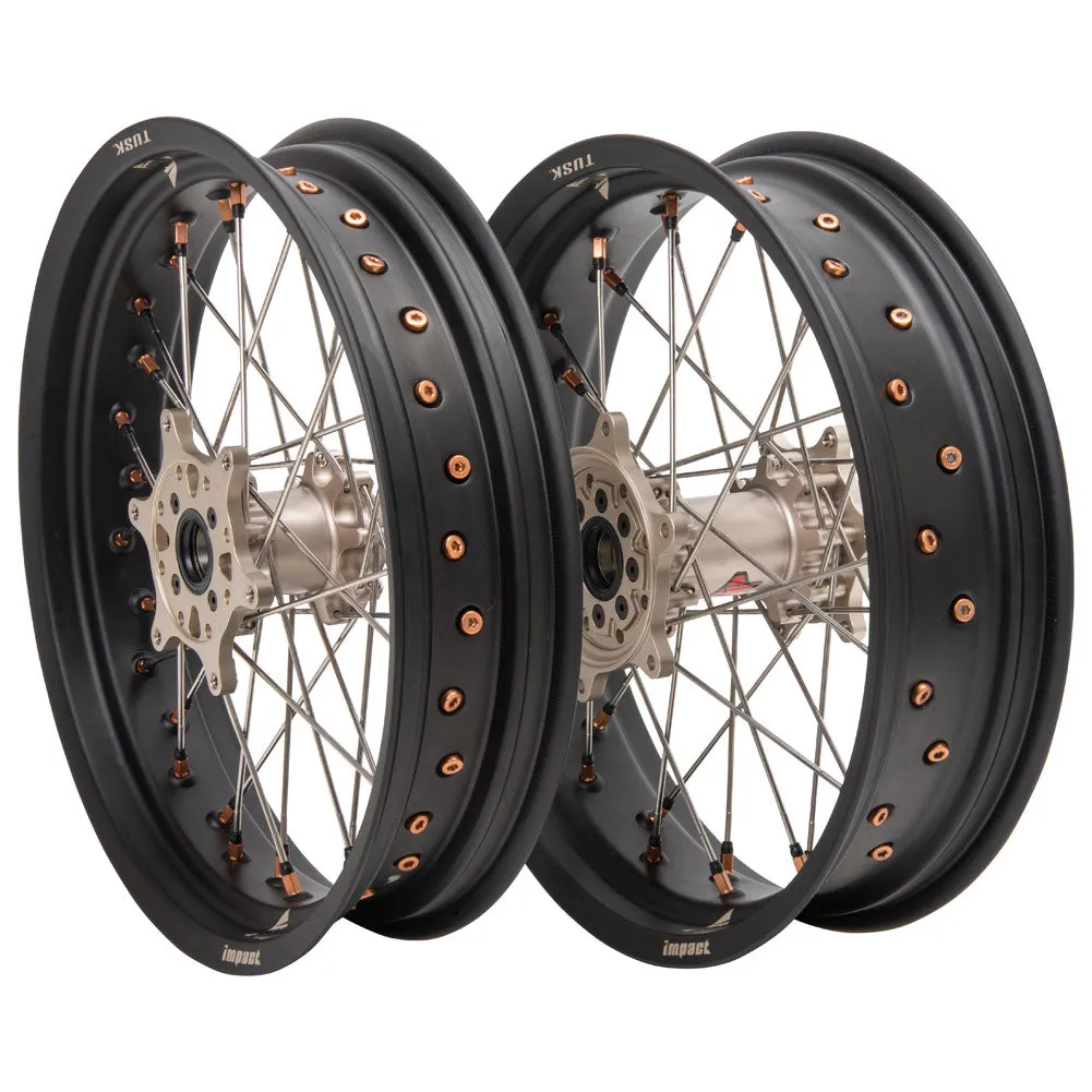 Tusk Impact Supermoto Complete Front and Rear Wheel Set 3.50 x 17 / 4.25 x 17 Matte Black Rim/Silver Spoke/Magnesium Hub/Magnesium Nipple