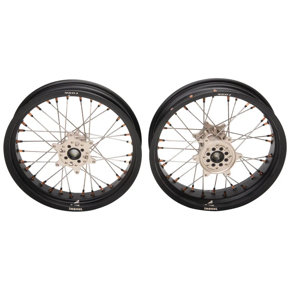 Tusk Impact Supermoto Complete Front and Rear Wheel Set 3.50 x 17 / 4.25 x 17 Matte Black Rim/Silver Spoke/Magnesium Hub/Magnesium Nipple