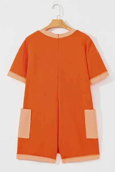 Two-Tone Short Sleeve V Neck Patched Pocket Romper
