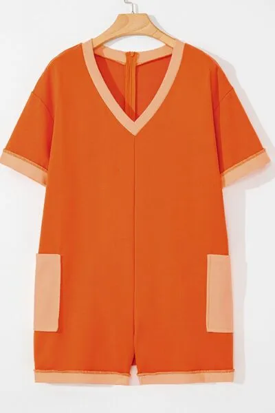 Two-Tone Short Sleeve V Neck Patched Pocket Romper