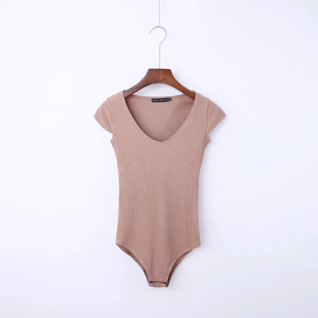 V-neck Waist Dhort-sleeved One-piece T-shirt Top File Ladies