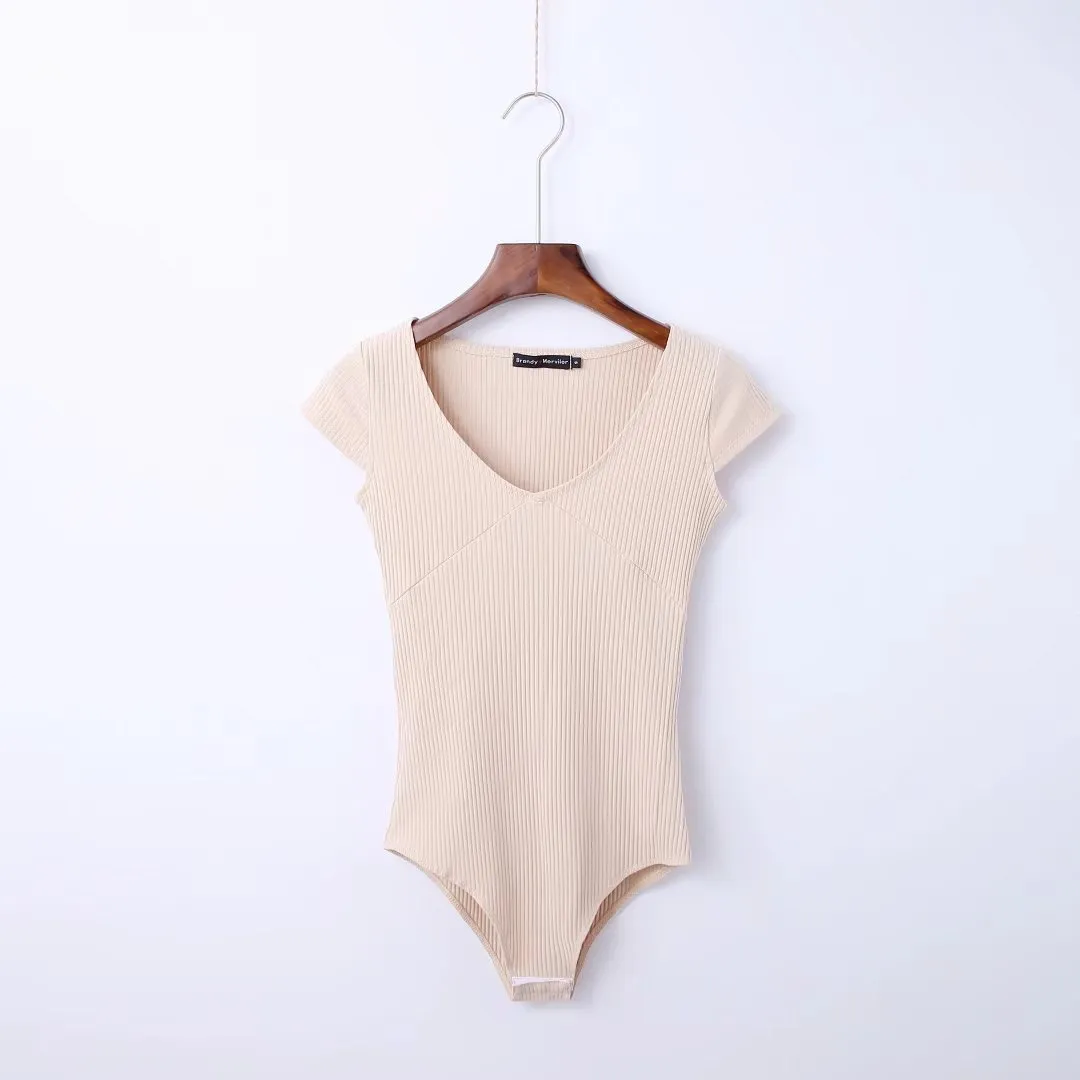V-neck Waist Dhort-sleeved One-piece T-shirt Top File Ladies