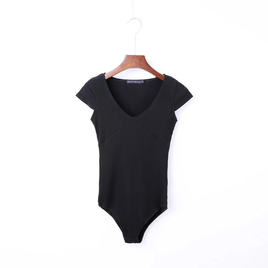 V-neck Waist Dhort-sleeved One-piece T-shirt Top File Ladies