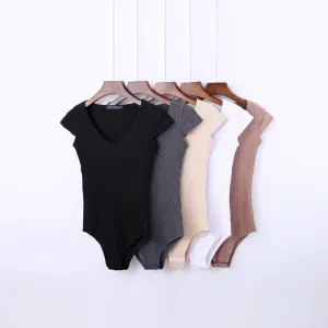 V-neck Waist Dhort-sleeved One-piece T-shirt Top File Ladies