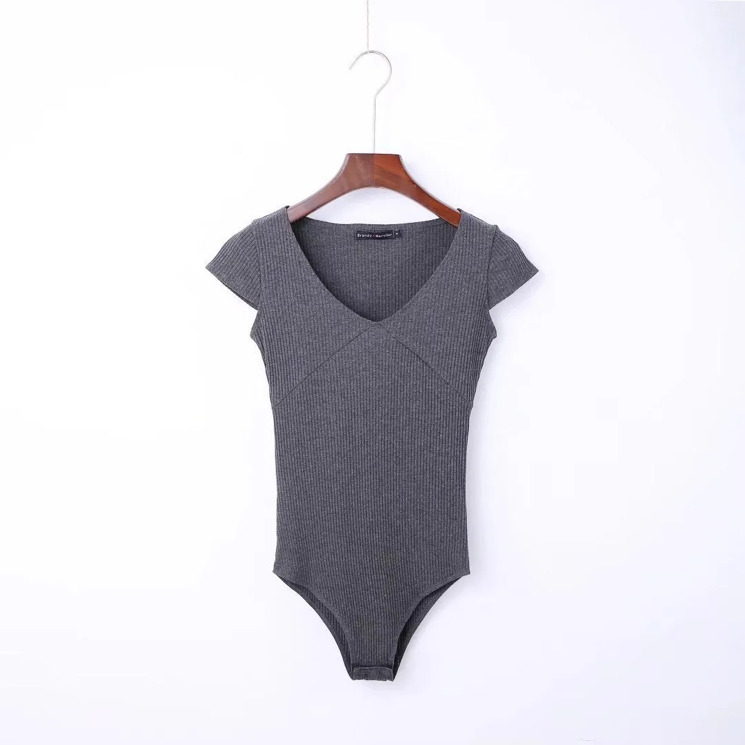 V-neck Waist Dhort-sleeved One-piece T-shirt Top File Ladies