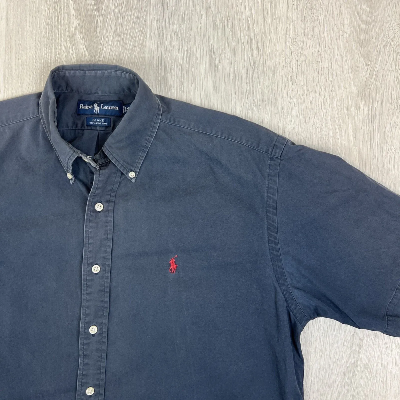 VTG Ralph Lauren Mens Navy Blue 'Blake' Short Sleeve Button Up Shirt Size Medium