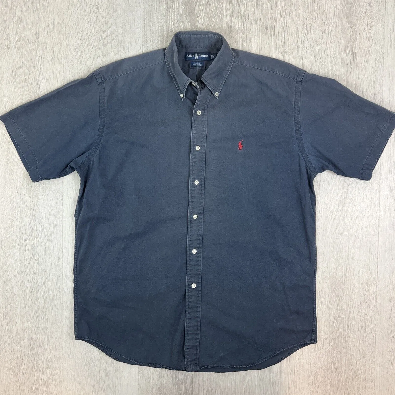 VTG Ralph Lauren Mens Navy Blue 'Blake' Short Sleeve Button Up Shirt Size Medium