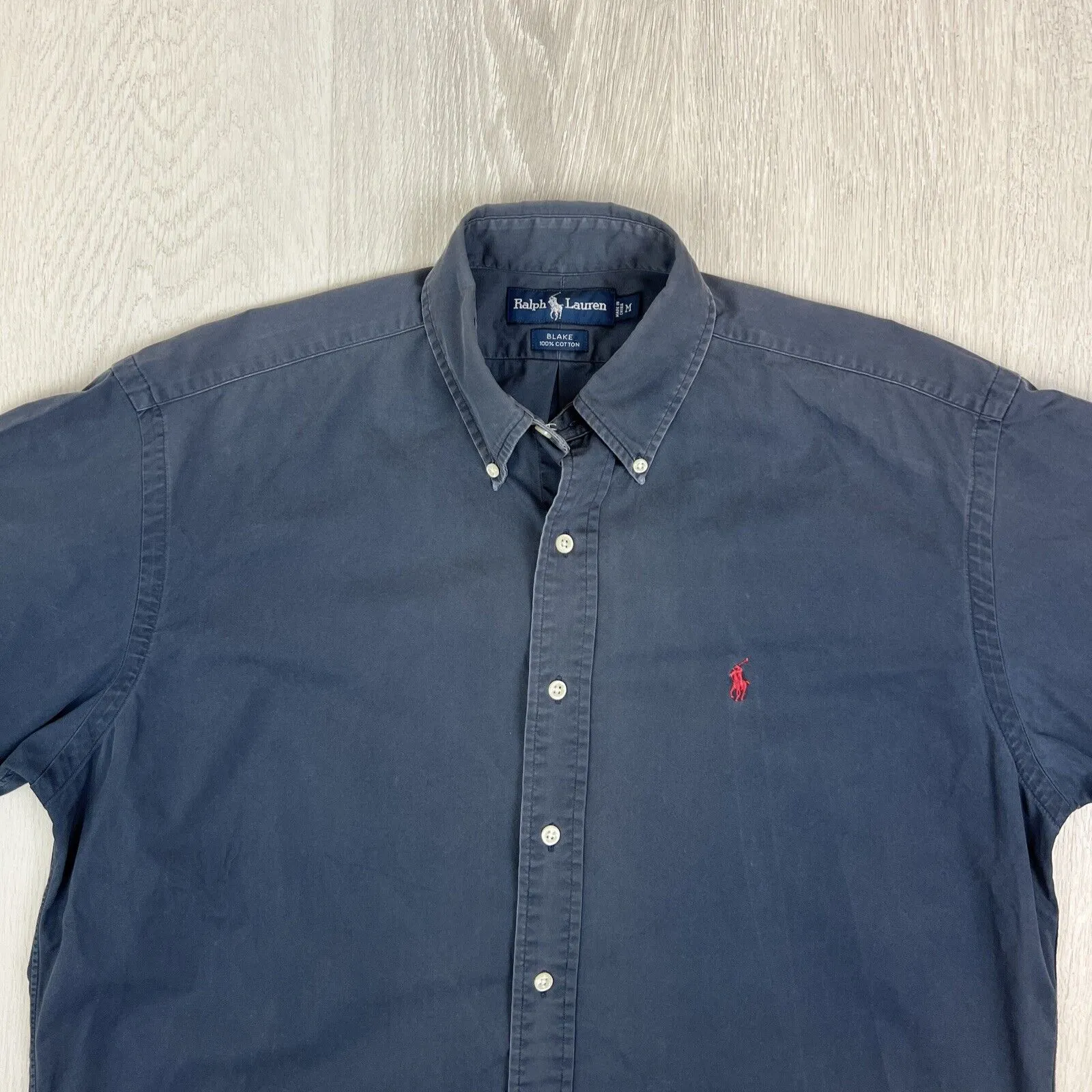VTG Ralph Lauren Mens Navy Blue 'Blake' Short Sleeve Button Up Shirt Size Medium