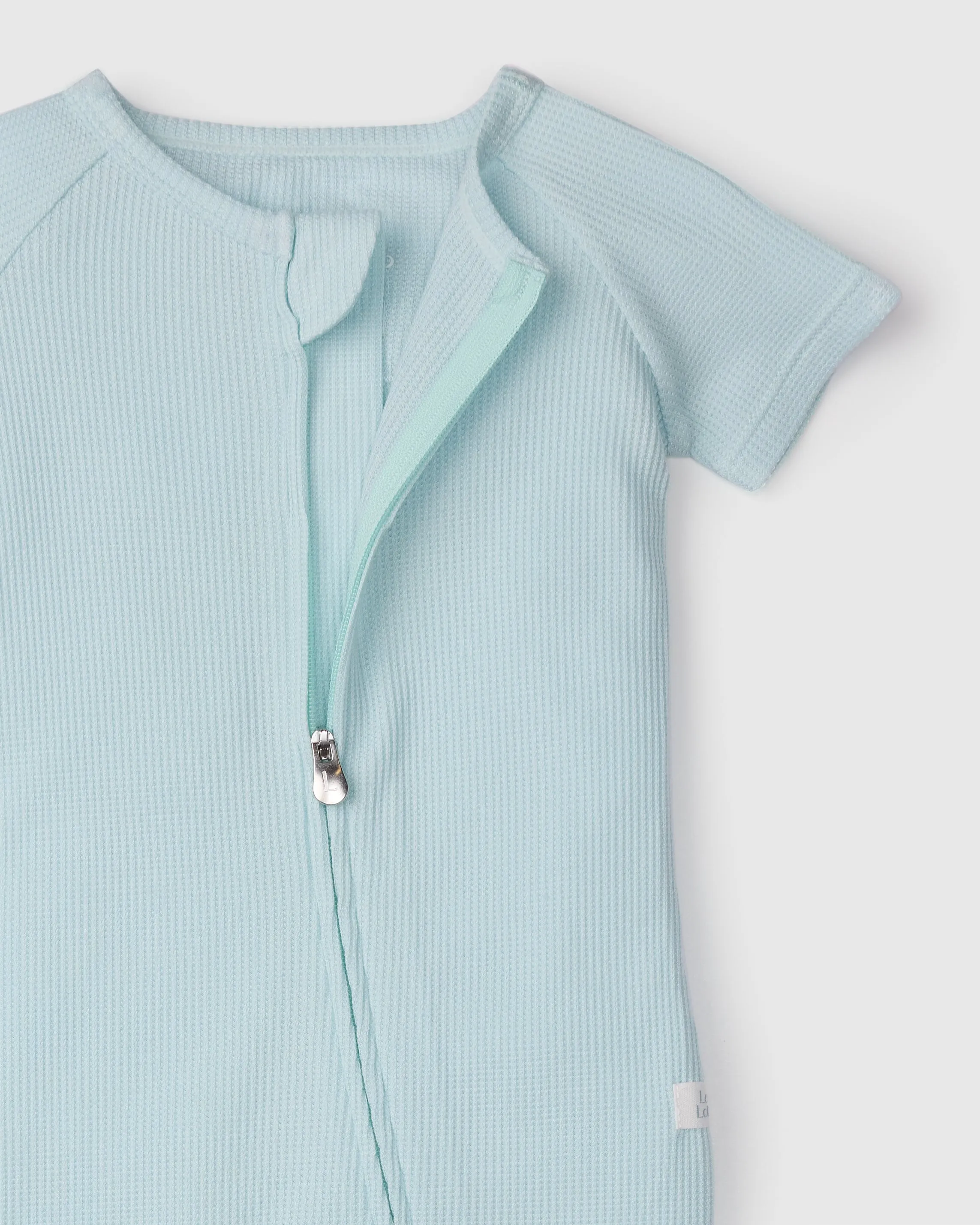 Waffle Short Sleeve Zipped Romper - Sea Glass