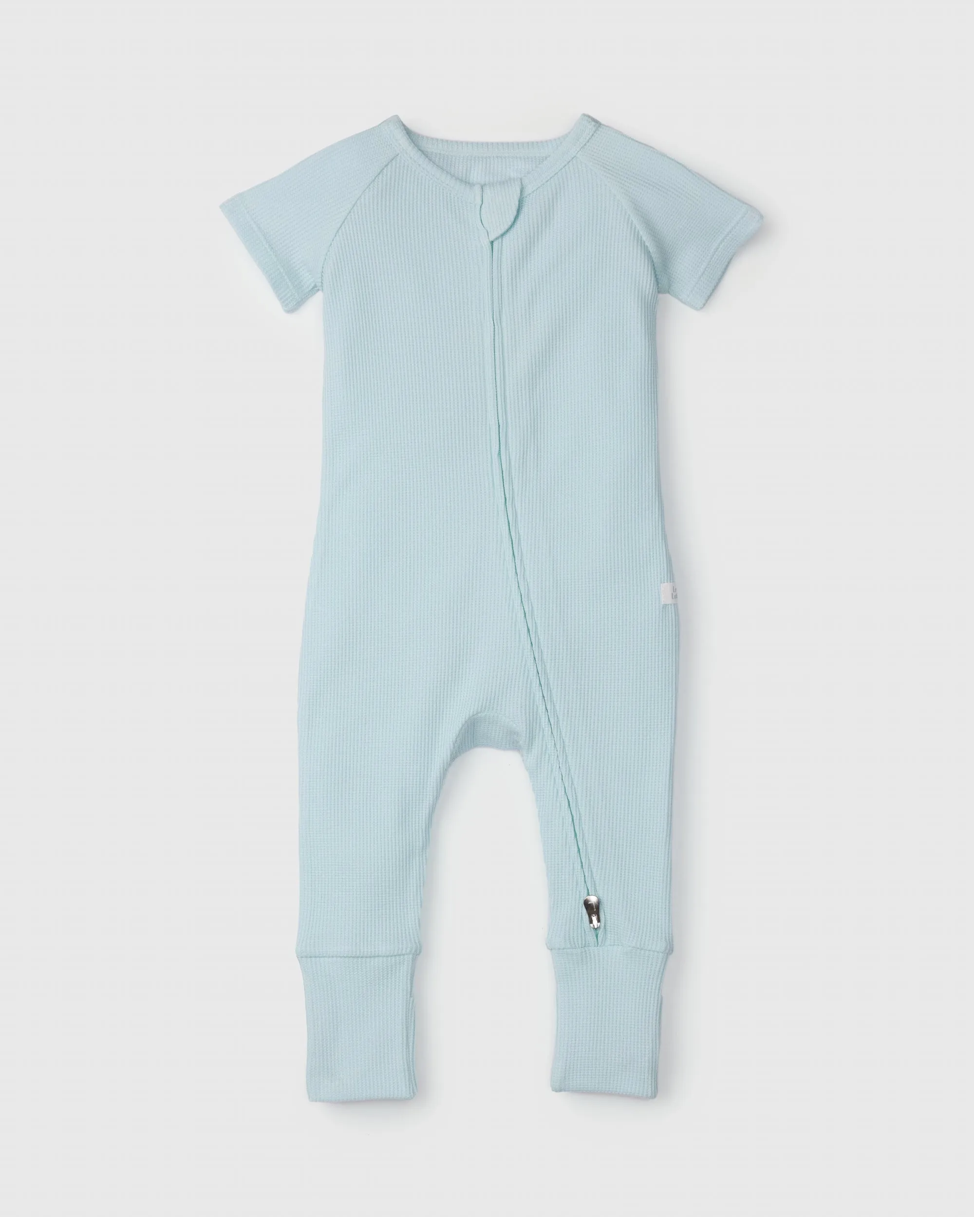 Waffle Short Sleeve Zipped Romper - Sea Glass