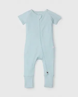 Waffle Short Sleeve Zipped Romper - Sea Glass