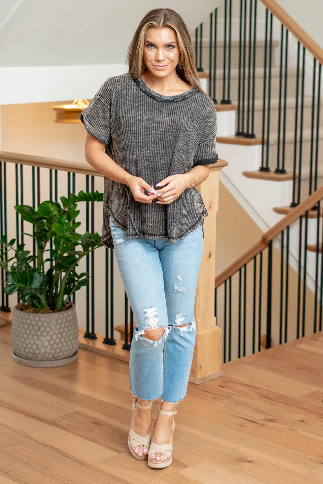 Washed Waffle Rolled Up Short Sleeve Top
