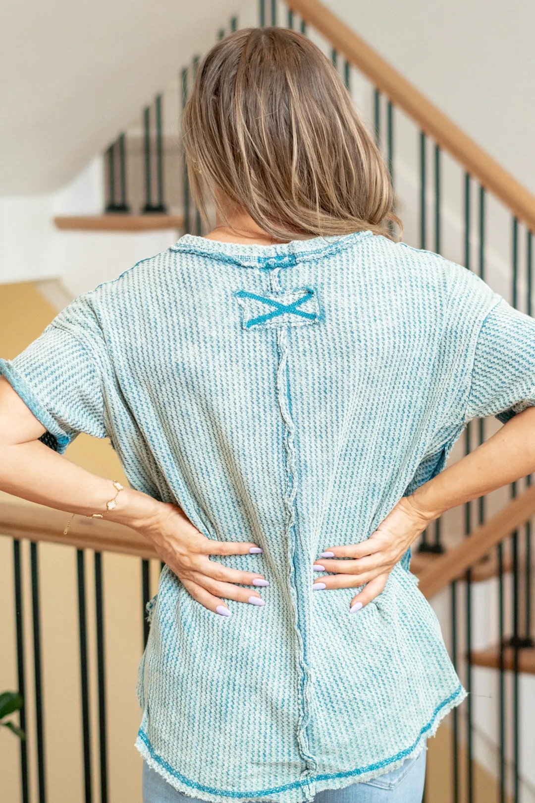 Washed Waffle Rolled Up Short Sleeve Top
