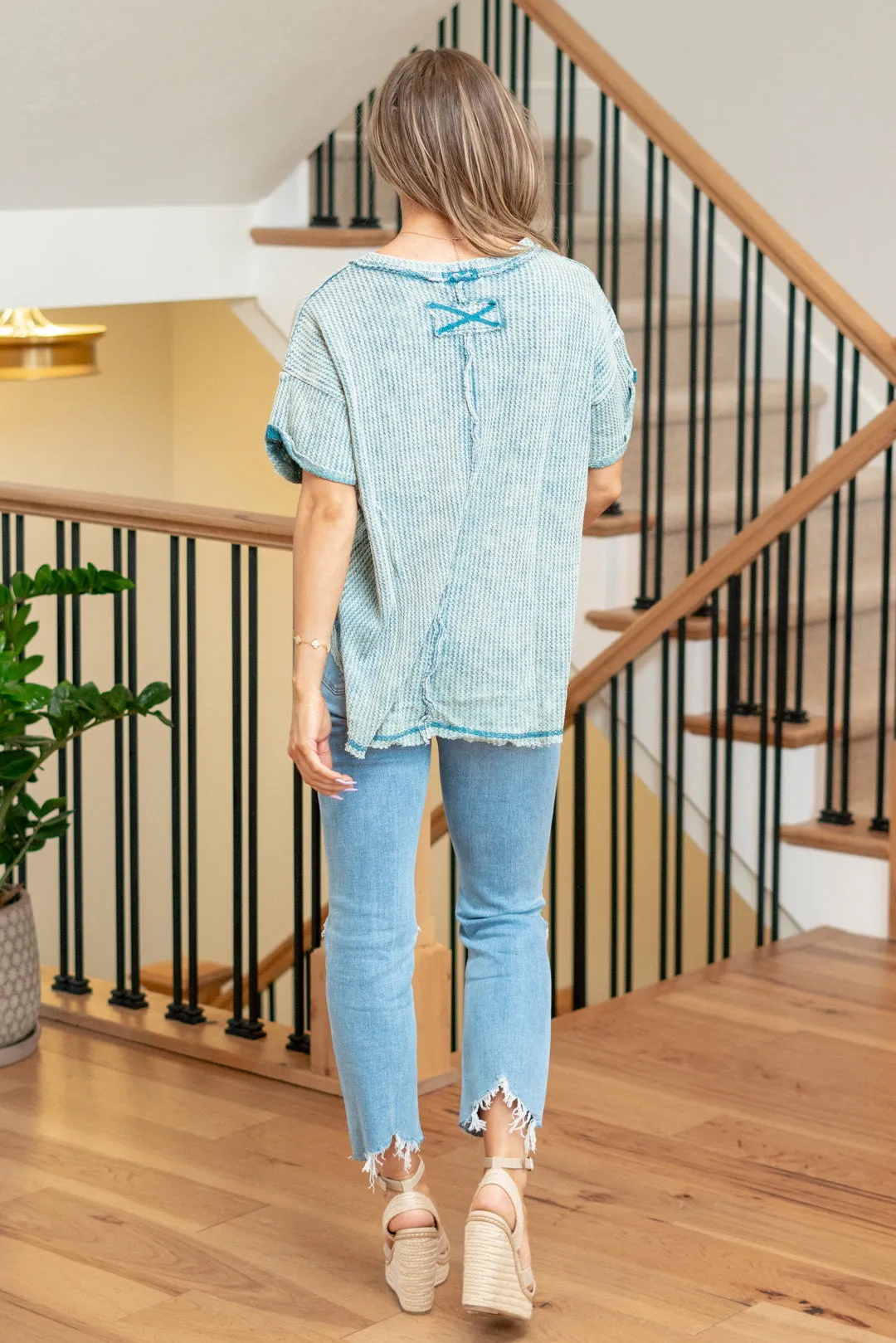 Washed Waffle Rolled Up Short Sleeve Top