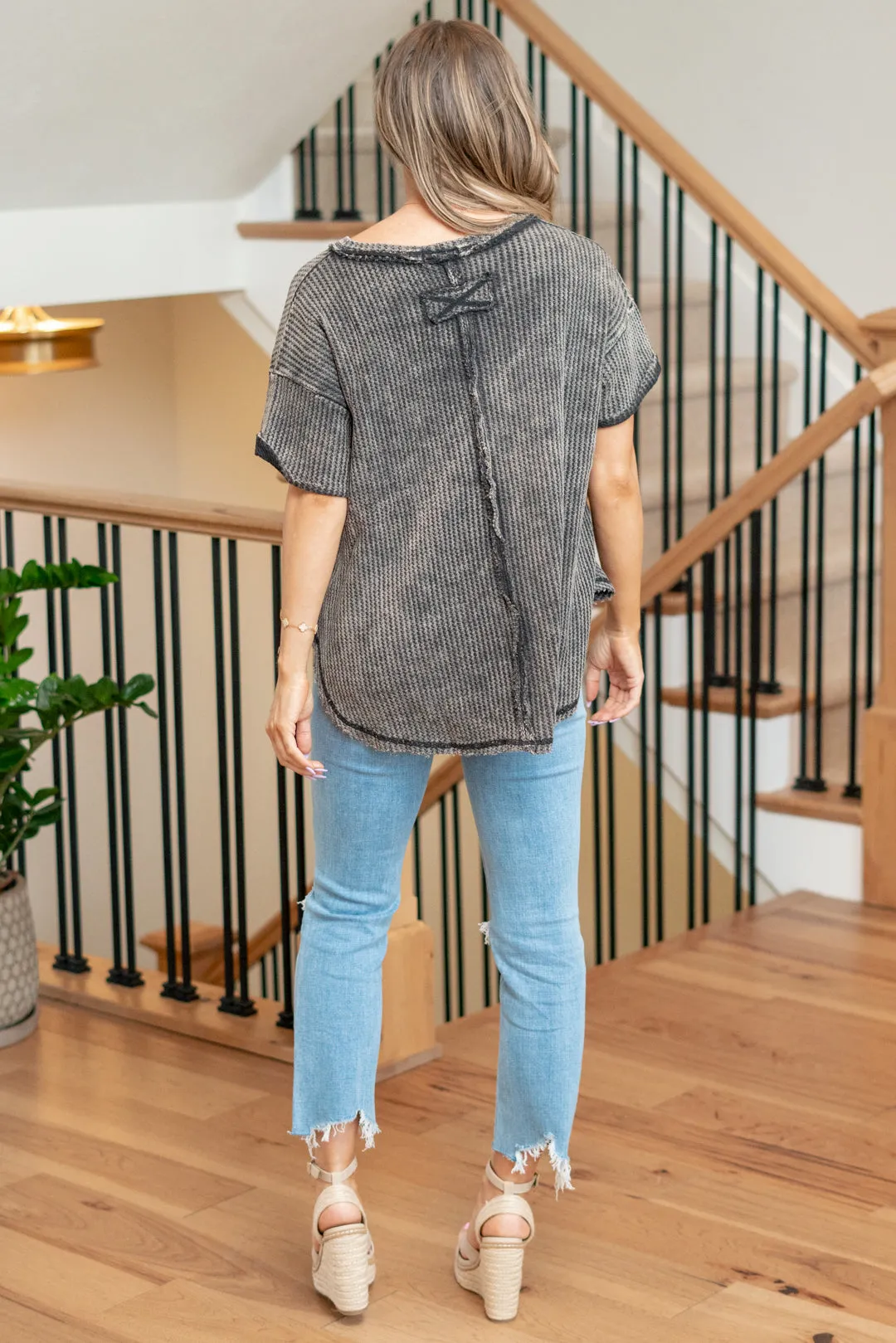 Washed Waffle Rolled Up Short Sleeve Top
