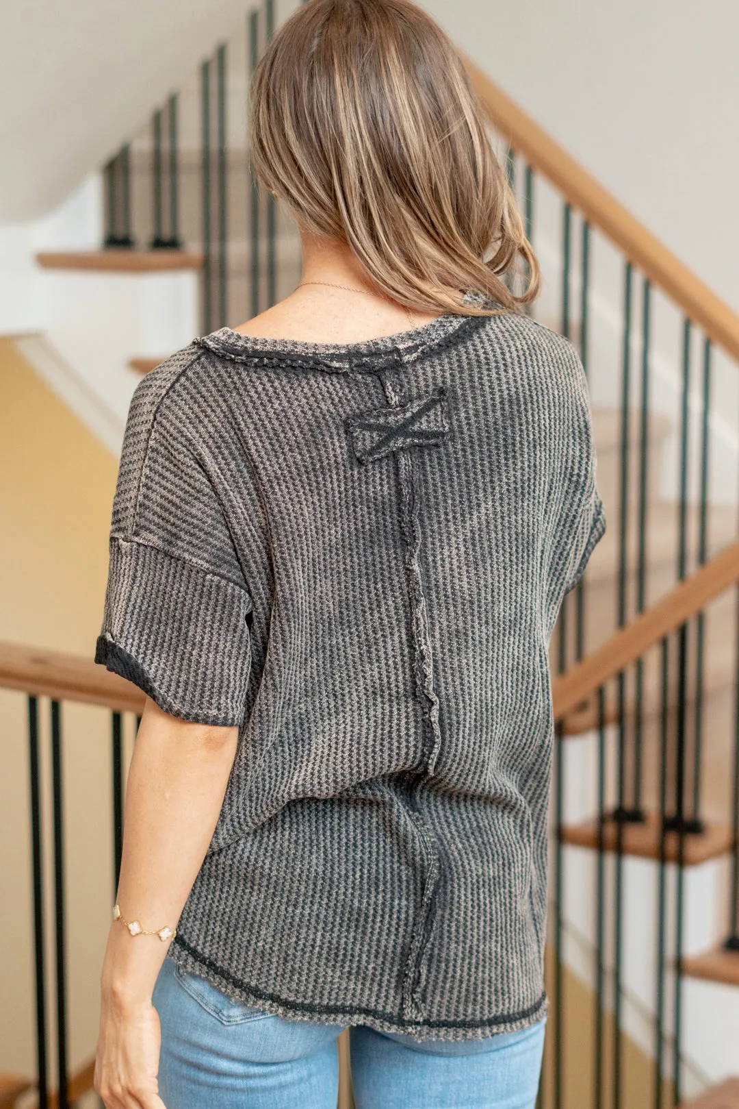 Washed Waffle Rolled Up Short Sleeve Top