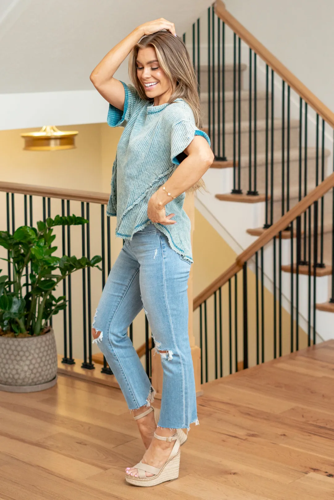 Washed Waffle Rolled Up Short Sleeve Top