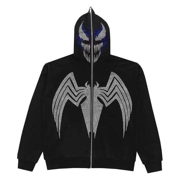 White Skull Hood Rhinestones Skeleton Full Zip-up Hoodie