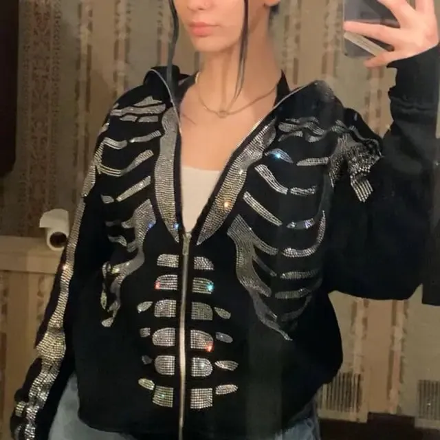 White Skull Hood Rhinestones Skeleton Full Zip-up Hoodie
