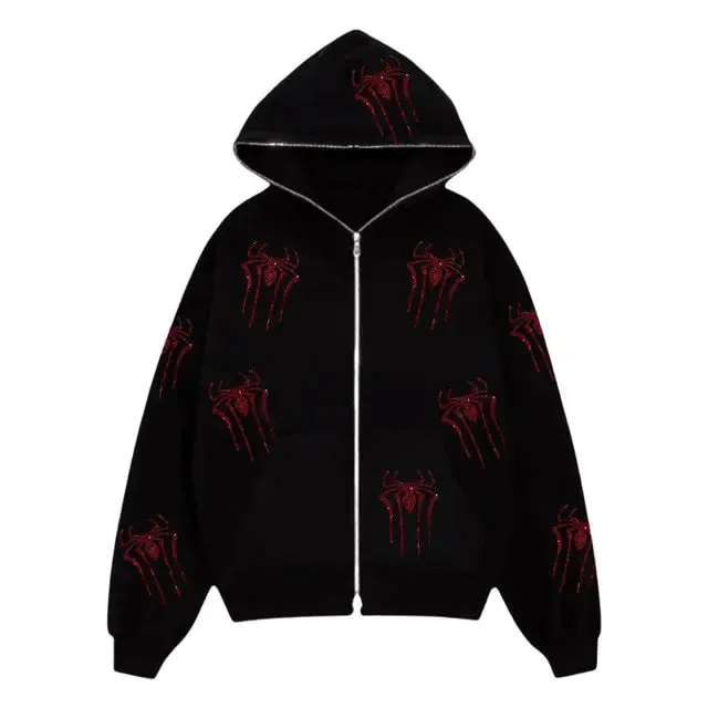 White Skull Hood Rhinestones Skeleton Full Zip-up Hoodie