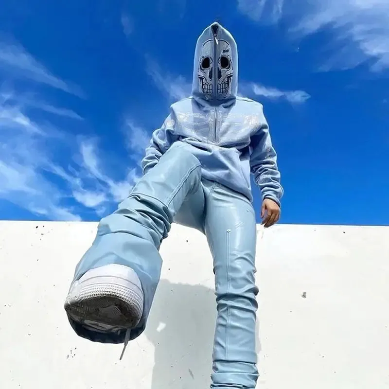White Skull Hood Rhinestones Skeleton Full Zip-up Hoodie