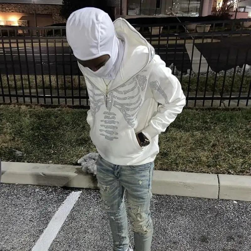 White Skull Hood Rhinestones Skeleton Full Zip-up Hoodie