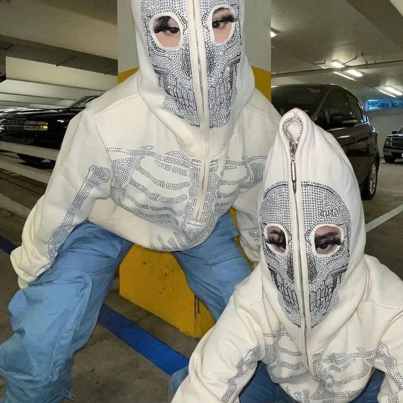 White Skull Hood Rhinestones Skeleton Full Zip-up Hoodie