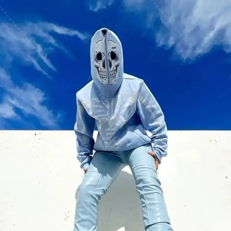 White Skull Hood Rhinestones Skeleton Full Zip-up Hoodie