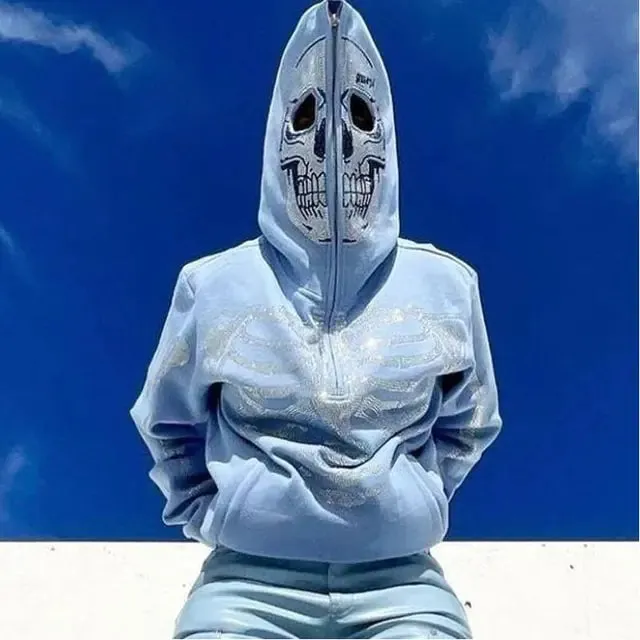 White Skull Hood Rhinestones Skeleton Full Zip-up Hoodie